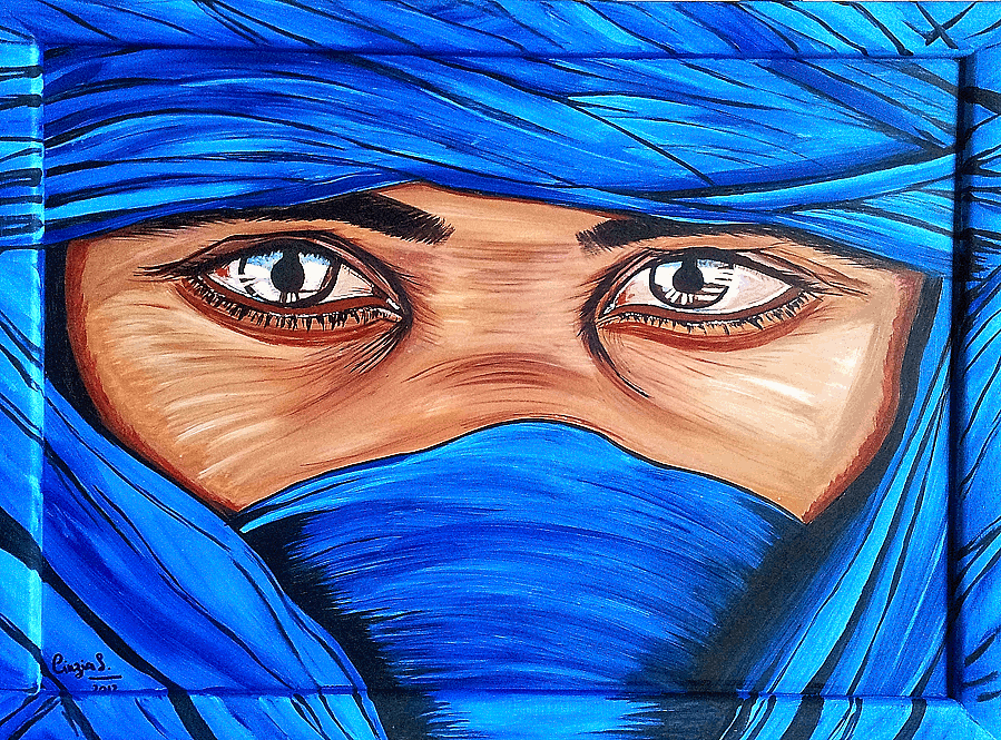 Dipinto intitolato "Uomo blu". Primo piano ravvicinato di un tuareg
